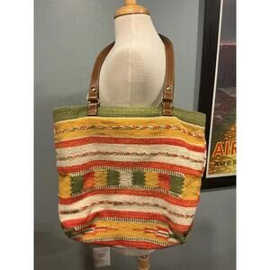 Patricia Nash Multicolor Woven Tote Leather Handles Gold Hardware Stitching